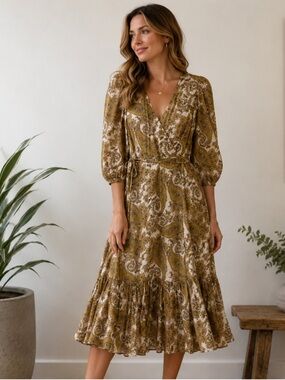 MINKPINK Mustard Paisley Wrap Midi Dress